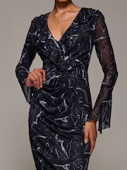 Jolie Moi Black Ruffle V-Neckline Mesh Bodycon Midaxi Dress - Image 3 of 6