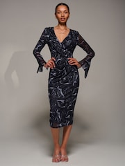 Jolie Moi Black Ruffle V-Neckline Mesh Bodycon Midaxi Dress - Image 4 of 6