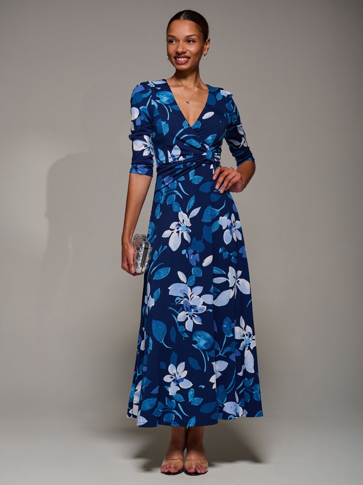 Jolie Moi Blue Jersey Ruched Waist Fit & Flare Maxi Dress - Image 1 of 6