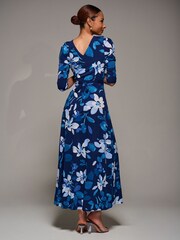 Jolie Moi Blue Jersey Ruched Waist Fit & Flare Maxi Dress - Image 3 of 6