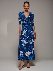 Jolie Moi Blue Jersey Ruched Waist Fit & Flare Maxi Dress - Image 4 of 6