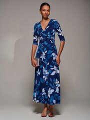 Jolie Moi Blue Jersey Ruched Waist Fit & Flare Maxi Dress - Image 5 of 6