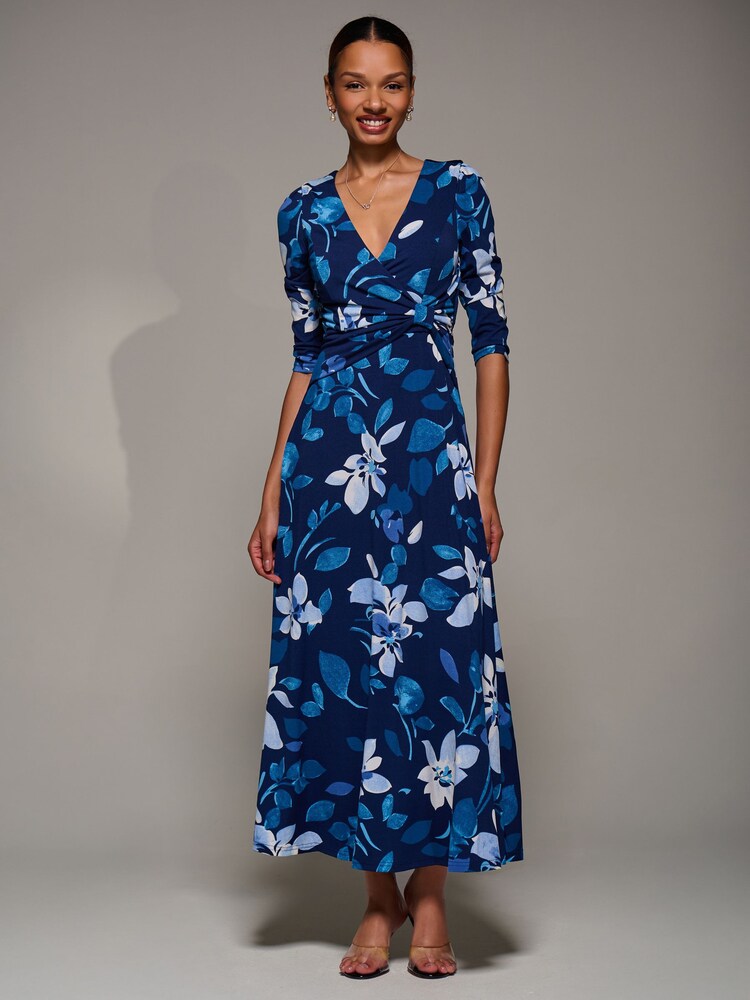 Jolie Moi Blue Jersey Ruched Waist Fit & Flare Maxi Dress - Image 6 of 6