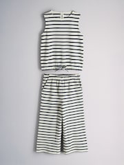 The Set Textured Jersey Sleeveless Bubble Top and Wide Leg Trousers Set Ecru/Navy Stripe - Image 2 of 6