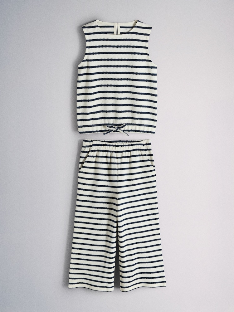 The Set Textured Jersey Sleeveless Bubble Top and Wide Leg Trousers Set Ecru/Navy Stripe - Image 2 of 6