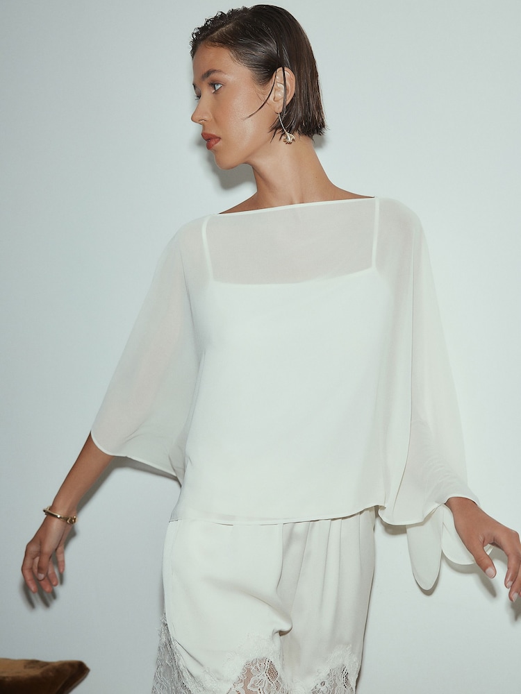 Ecru Sheer Layer Cape Sleeve Top with Cami - Image 2 of 5