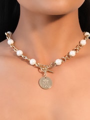 Lauren Ralph Lauren Gold Tone Faux Pearl & Logo Coin Pendant Necklace - Image 3 of 4