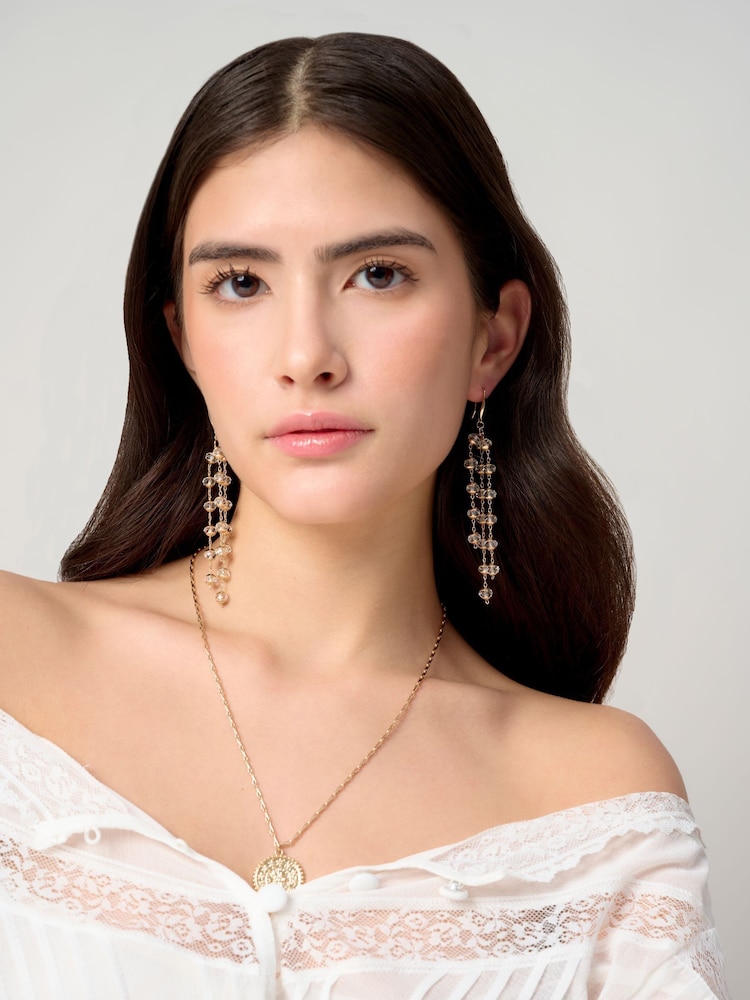 Aela Gold Tone Facet Bead Drop Earrings - Imaginea 2 din 4