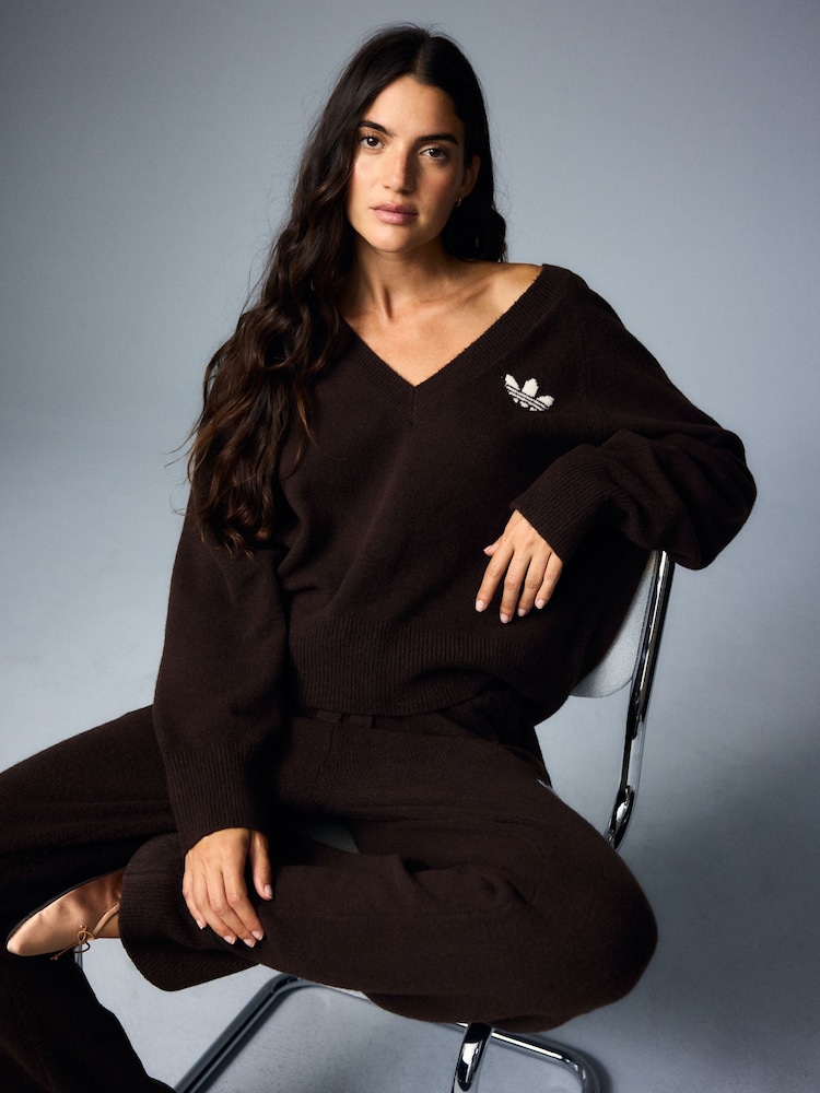 adidas Originals Brown Essential Knit V-Neck Jumper - Image 1 of 7 adidas Originals Brown Essential Knit V-Neck Jumper - Image 1 of 7