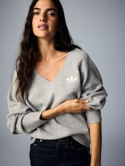 adidas Originals Grey Essential Knit V-Neck Jumper - Image 9 of 12