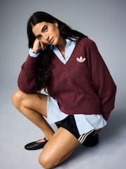 adidas Originals Burgundy Red Essential Knit V-Neck Jumper - Image 11 of 12