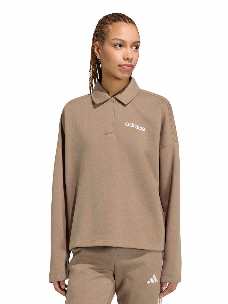 adidas Khaki Green Essentials Linear Polo Sweatshirt - Image 1 of 6 adidas Khaki Green Essentials Linear Polo Sweatshirt - Image 1 of 6