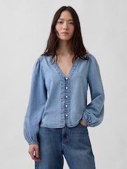 Gap Light Wash Denim Puff-Sleeve Top - Image 1 of 5
