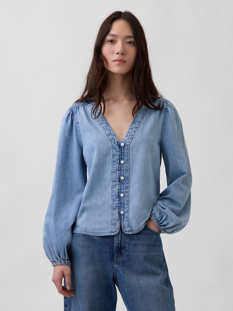 Gap Light Wash Denim Puff-Sleeve Top - Image 1 of 5 Gap Light Wash Denim Puff-Sleeve Top - Image 1 of 5