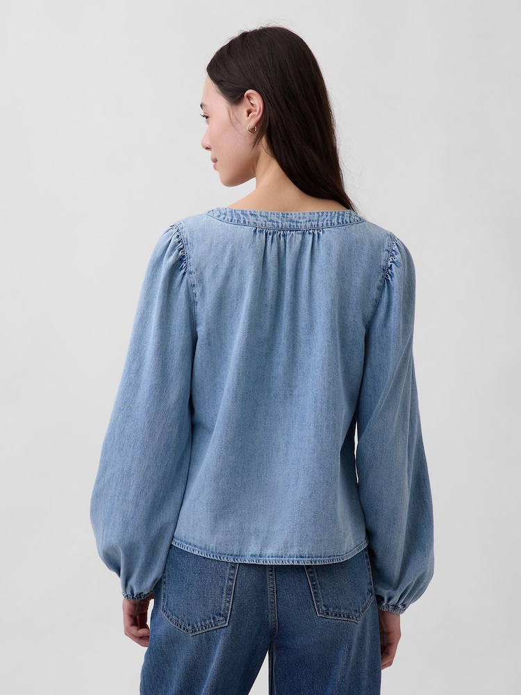 Gap Light Wash Denim Puff-Sleeve Top - Image 2 of 5 Gap Light Wash Denim Puff-Sleeve Top - Image 2 of 5