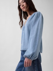Gap Light Wash Denim Puff-Sleeve Top - Image 3 of 5