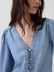 Gap Light Wash Denim Puff-Sleeve Top - Image 5 of 5