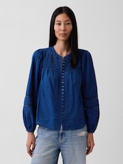 Blå - Gap-topp med blondekant og pintuck-motiv - Bilde 1 av 4