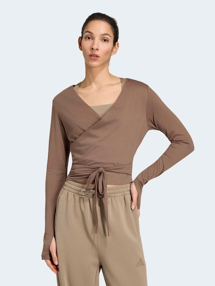 adidas Brown 3-Stripes Studio Ballet Wrap Top - Image 1 of 6