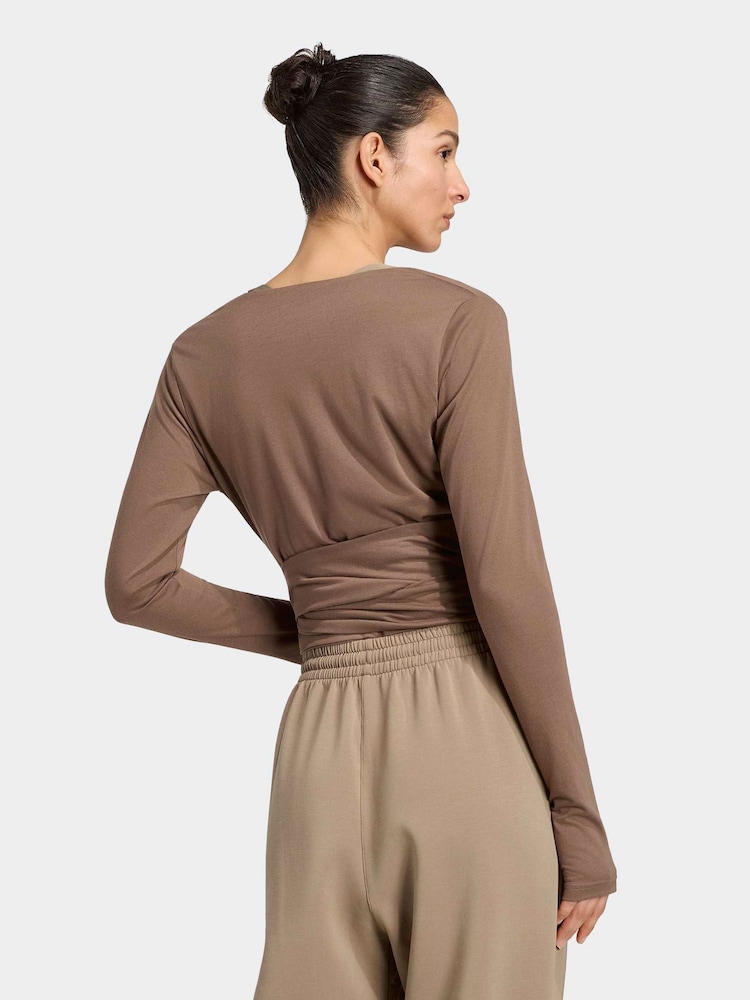adidas Brown 3-Stripes Studio Ballet Wrap Top - Image 2 of 6