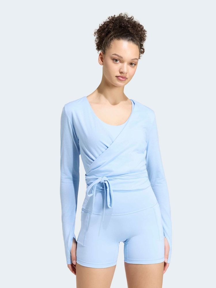 adidas Light Blue 3-Stripes Studio Ballet Wrap Top - Image 1 of 6