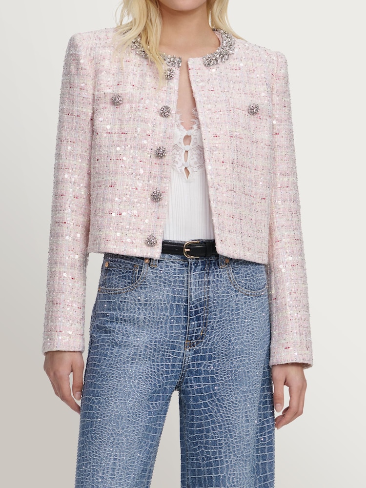 Self-Portrait Pink Sequin Boucle Jacket - Image 2 of 5 Self-Portrait Pink Sequin Boucle Jacket - Image 2 of 5
