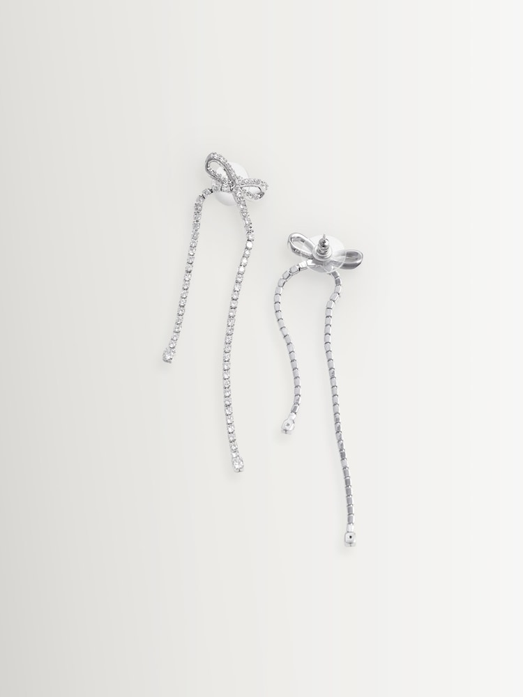 Self-Portrait Silver Tone Crystal Bow Dangle Earrings - Image 4 of 4 Self-Portrait Silver Tone Crystal Bow Dangle Earrings - Image 4 of 4