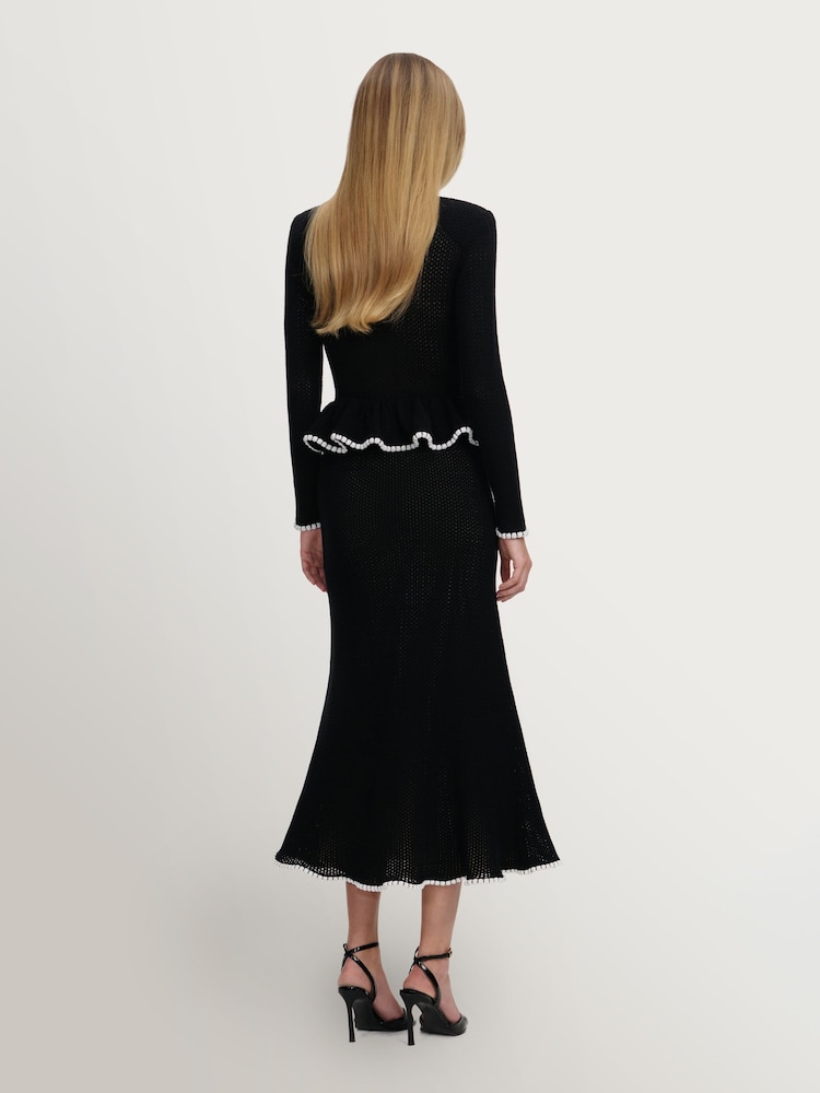 Self-Portrait Black Lace Insert Peplum Knit Midi Dress - Image 2 of 4