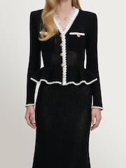 Self-Portrait Black Lace Insert Peplum Knit Midi Dress - Image 3 of 4