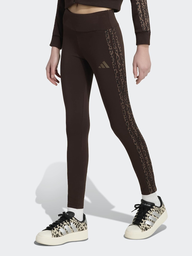 adidas Brown Animal Print 3 Stripe Leggings - Image 1 of 6