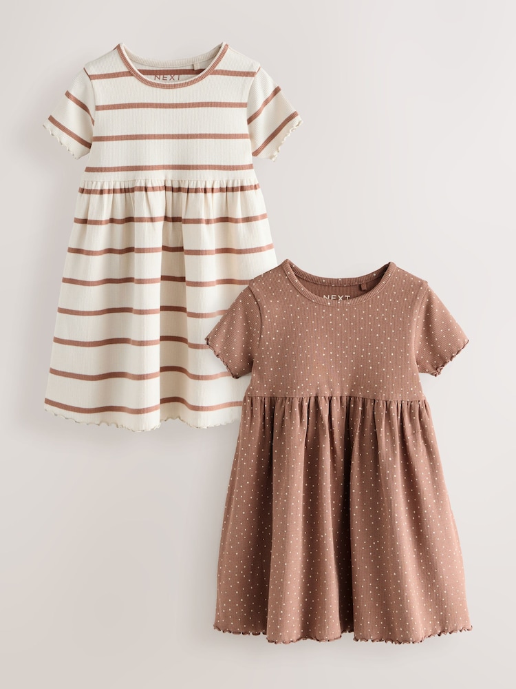 Brown Short Sleeve Ribbed Dresses 2 Pack (3mths-7yrs) - Image 1 of 6