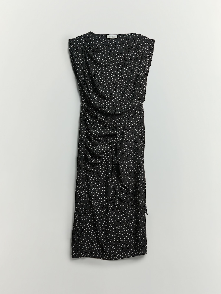 BHOEM Black Polka Dots Draped Midi Dress With Tie Detail - Image 6 of 6