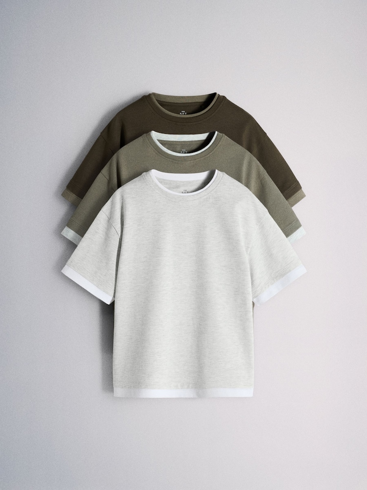 The Set 3 Pack Mock Layer Oversized Short Sleeve T-Shirt Green/Grey/White - Image 2 of 6