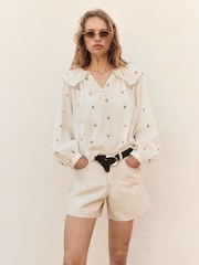 BHOEM Ecru High Rise Contrast Stitch Denim Shorts - Image 1 of 4