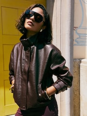 Friends Like These Aubergine Purple Faux Leather Short Funnel Neck Jacket - Image 1 of 6