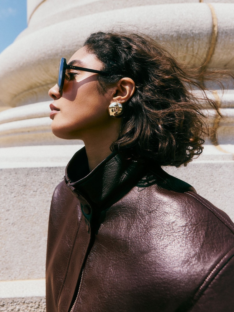 Friends Like These Aubergine Purple Faux Leather Short Funnel Neck Jacket - Image 2 of 6 Friends Like These Aubergine Purple Faux Leather Short Funnel Neck Jacket - Image 2 of 6