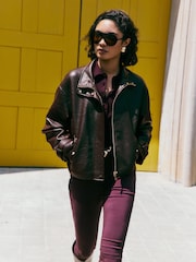 Friends Like These Aubergine Purple Faux Leather Short Funnel Neck Jacket - Image 5 of 6
