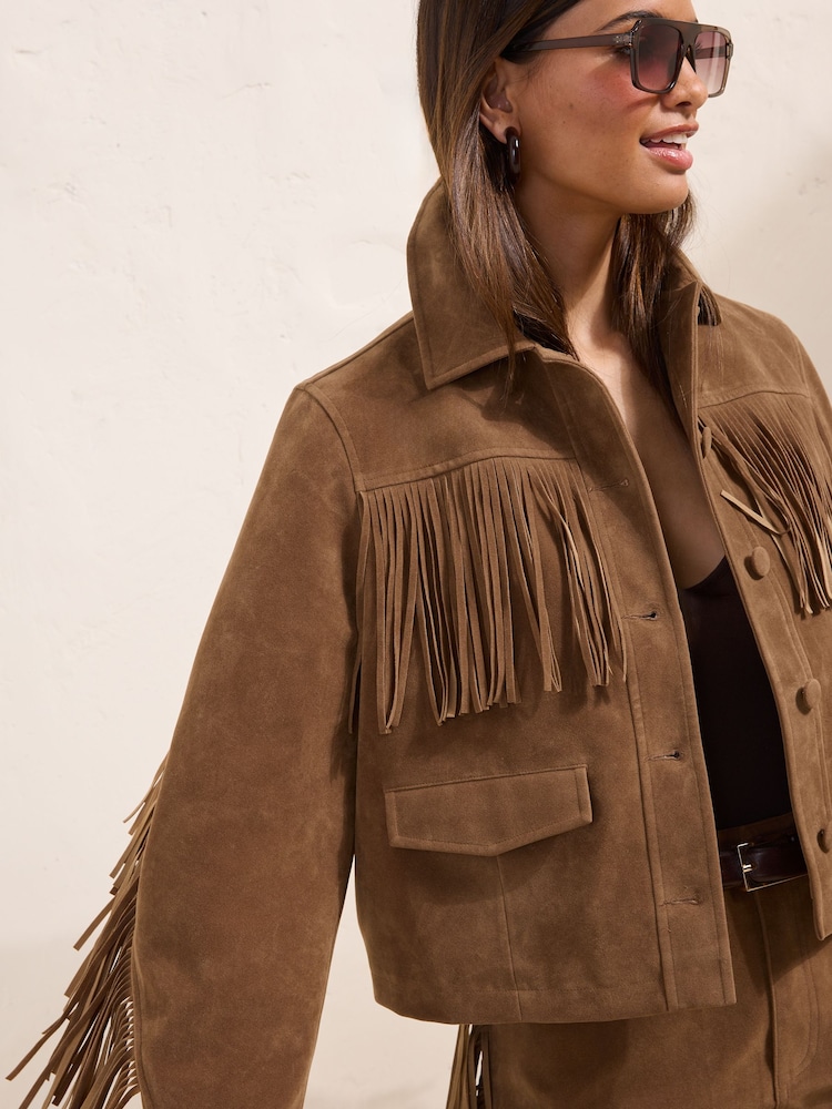 Friends Like These Tan Brown Fringe Faux Suede Jacket - Image 1 of 5