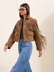 Friends Like These Tan Brown Fringe Faux Suede Jacket - Image 2 of 5