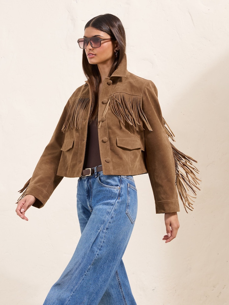 Friends Like These Tan Brown Fringe Faux Suede Jacket - Image 2 of 5