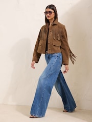 Friends Like These Tan Brown Fringe Faux Suede Jacket - Image 4 of 5