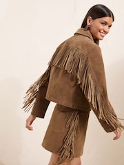 Friends Like These Tan Brown Fringe Faux Suede Jacket - Image 5 of 5