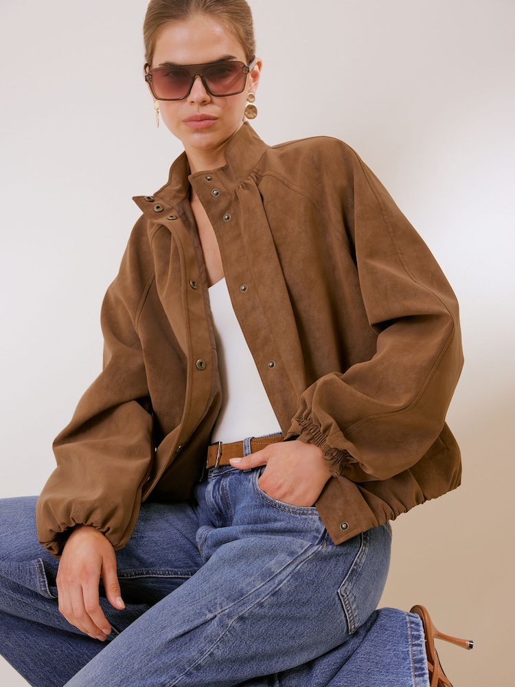 Friends Like These Espresso Brown Bubble Hem Funnel Neck Jacket - Image 2 of 4