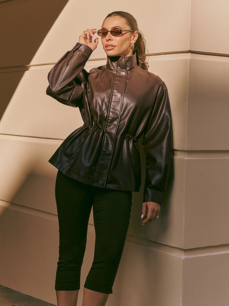 Friends Like These Olive Green Faux Leather Drawstring Jacket - Image 1 of 6 Friends Like These Olive Green Faux Leather Drawstring Jacket - Image 1 of 6