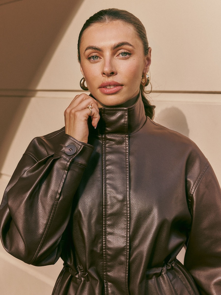 Friends Like These Olive Green Faux Leather Drawstring Jacket - Image 2 of 6 Friends Like These Olive Green Faux Leather Drawstring Jacket - Image 2 of 6