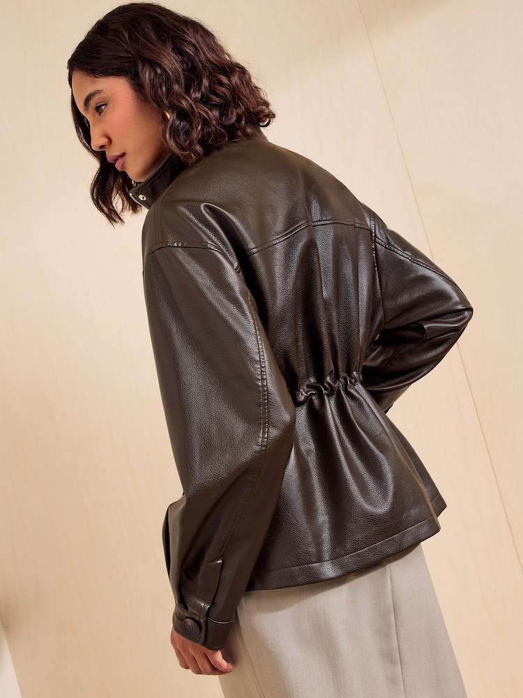Friends Like These Olive Green Faux Leather Drawstring Jacket - Image 6 of 6 Friends Like These Olive Green Faux Leather Drawstring Jacket - Image 6 of 6