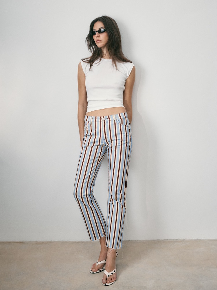 BHOEM Multi Stripes Crop Flare Cotton Trousers - Imaginea 2 din 6