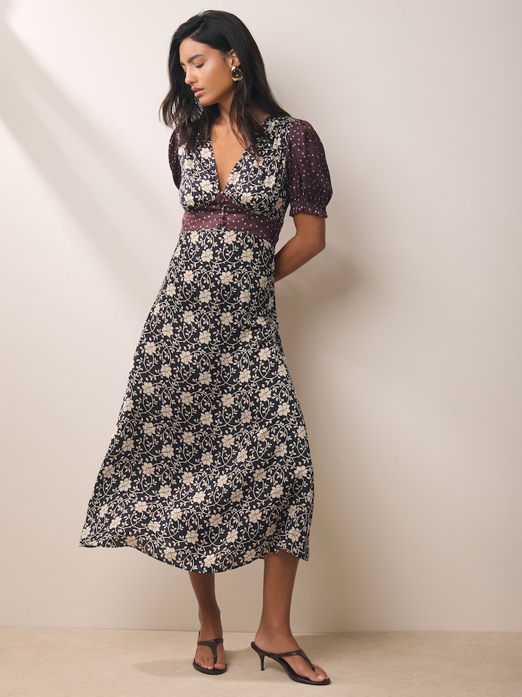 BHOEM Black/Ecru Satin Floral Print Short Sleeve Midi Dress - Image 1 of 4 BHOEM Black/Ecru Satin Floral Print Short Sleeve Midi Dress - Image 1 of 4