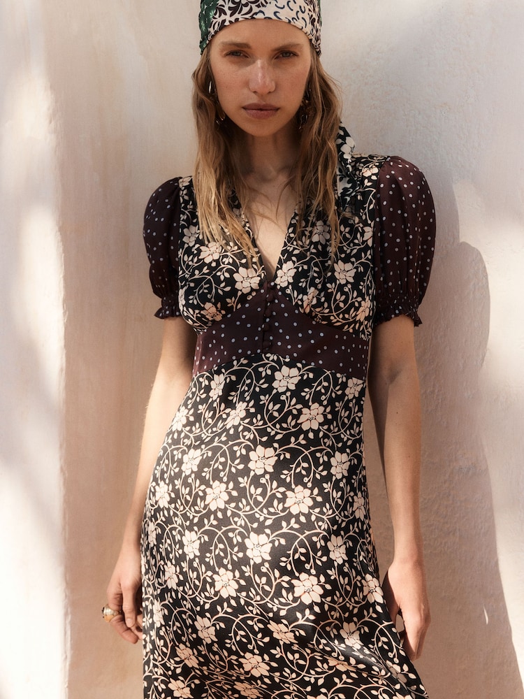 BHOEM Black/Ecru Satin Floral Print Short Sleeve Midi Dress - Image 2 of 4 BHOEM Black/Ecru Satin Floral Print Short Sleeve Midi Dress - Image 2 of 4