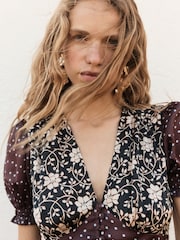 BHOEM Black/Ecru Satin Floral Print Short Sleeve Midi Dress - Image 4 of 4